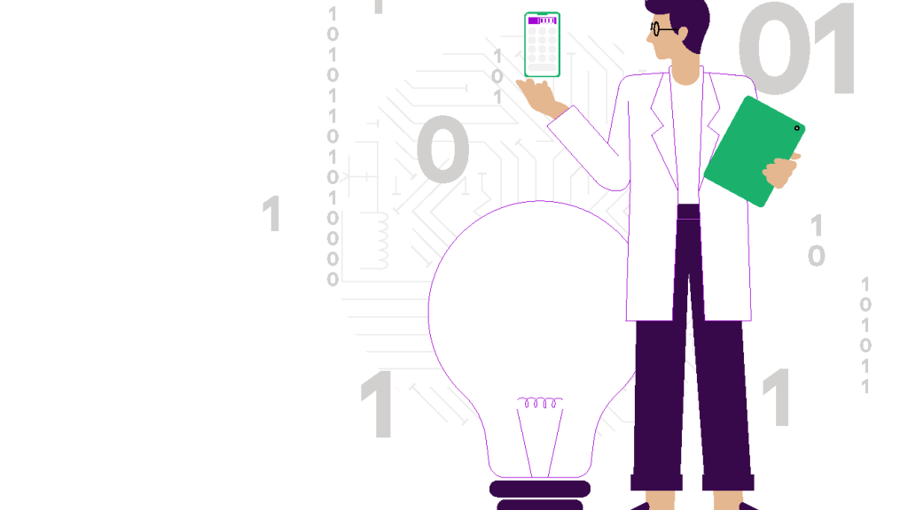 an illustration of a doctor standing with a green clipboard while surrounding by floating numbers and a lightbulb